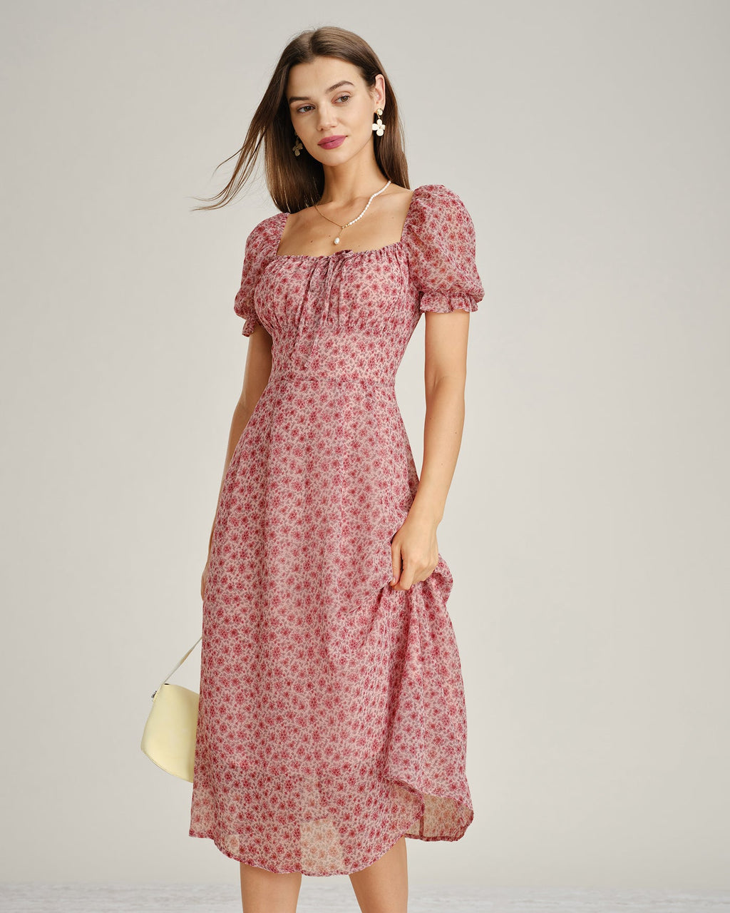 Floral Chiffon Midi Dress with Pink Square Neck
