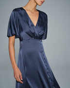 Navy Satin Midi Dress with V-Neck