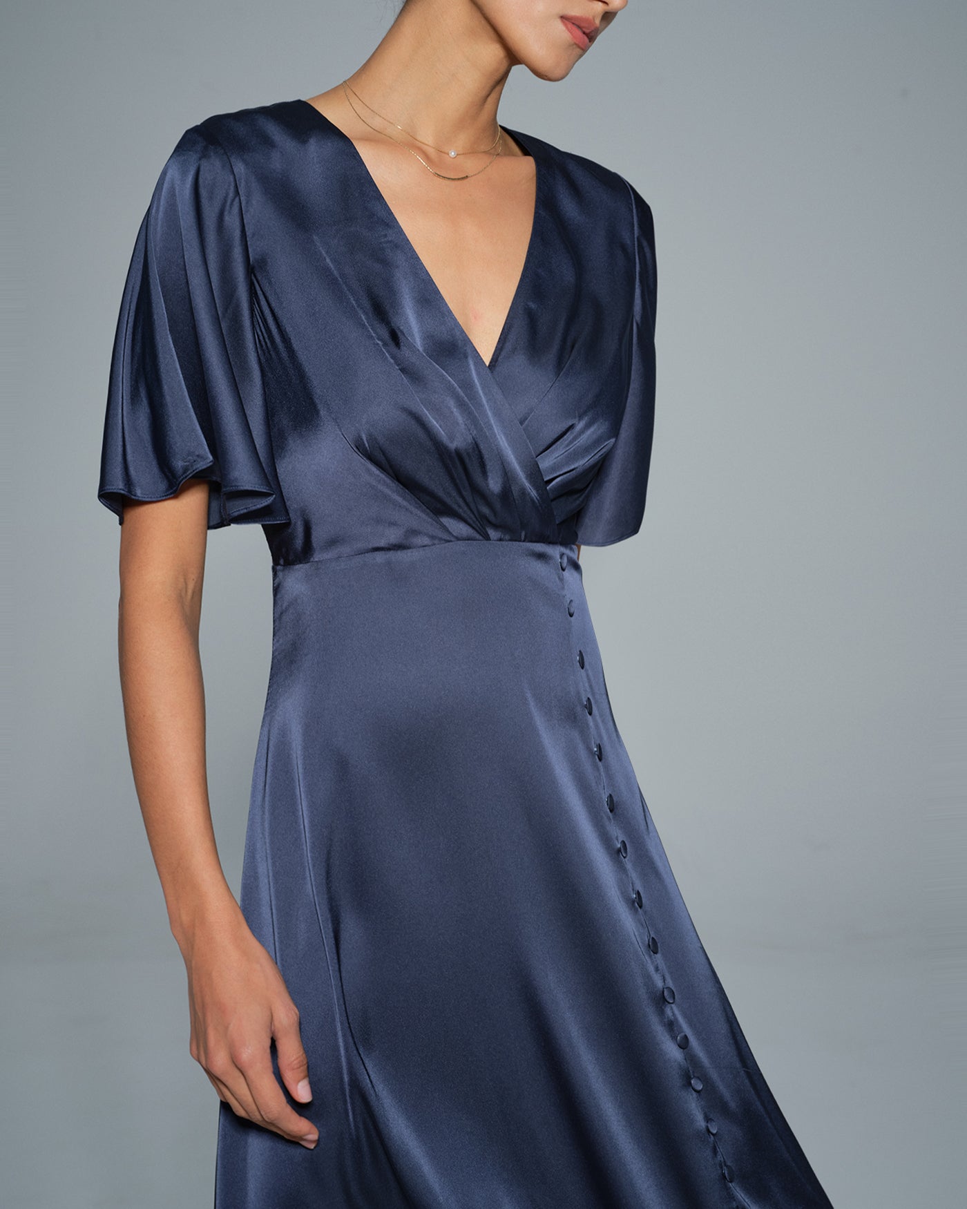 Navy Satin Midi Dress with V-Neck