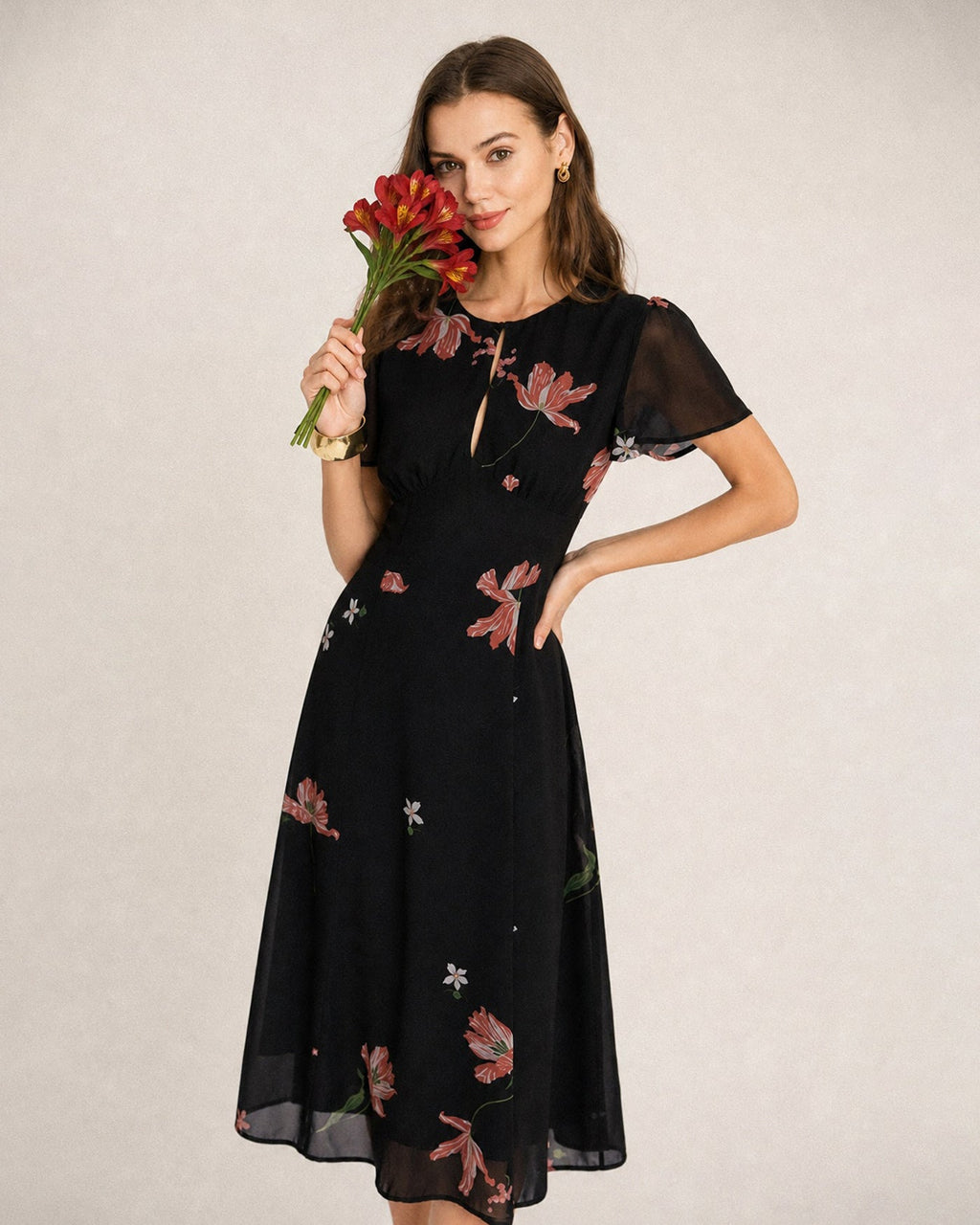 Floral Midi Dress with Black Cut-Out Details