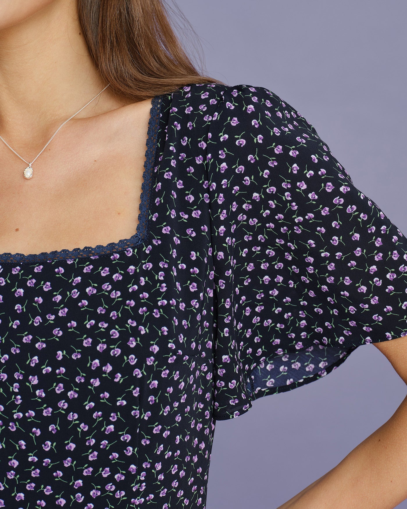 Floral Butterfly Sleeve Midi Dress in Purple