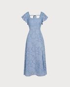 Floral Print Square Neck Midi Dress in Blue