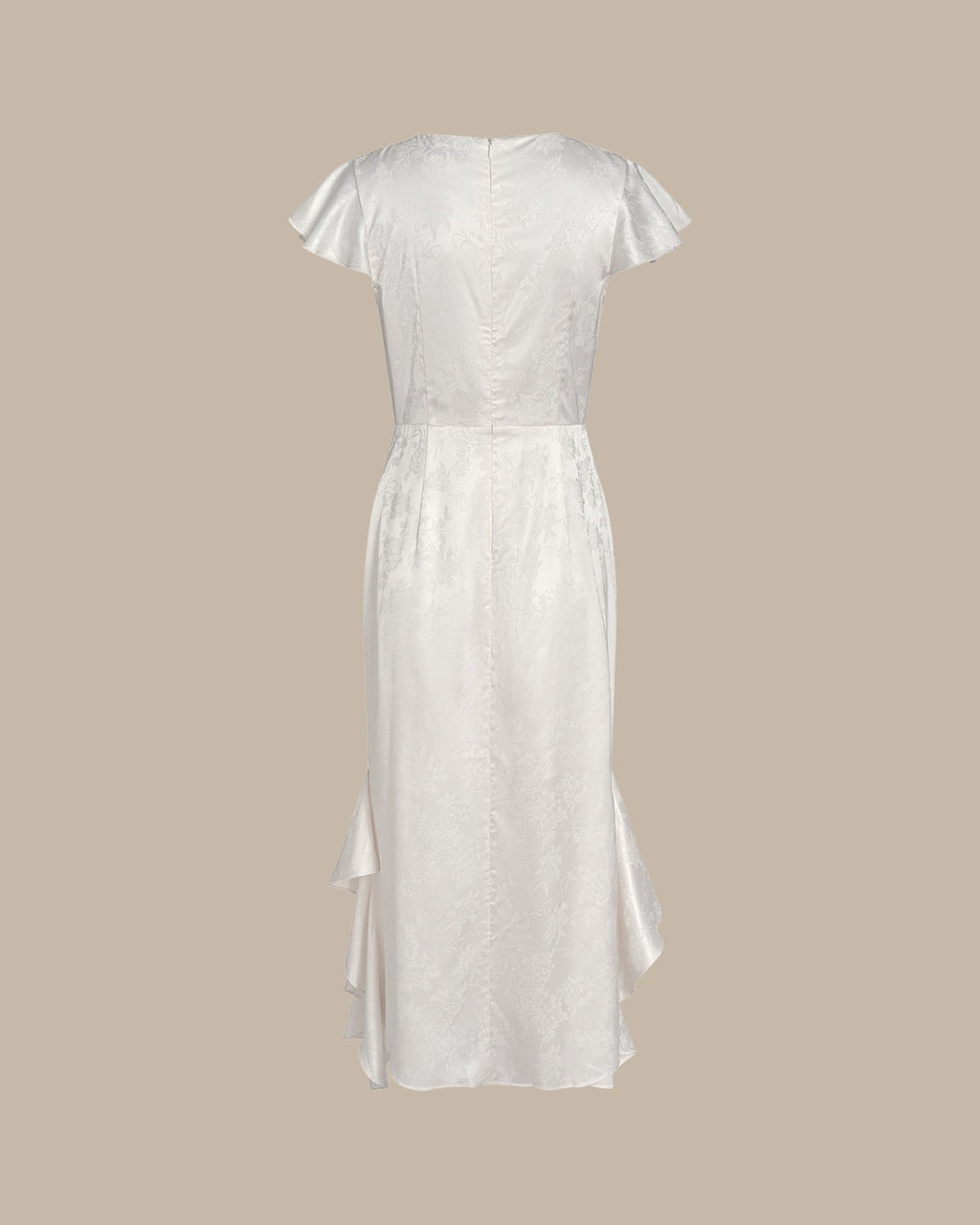 Beige Jacquard Ruffle Midi Dress with Boat Neck