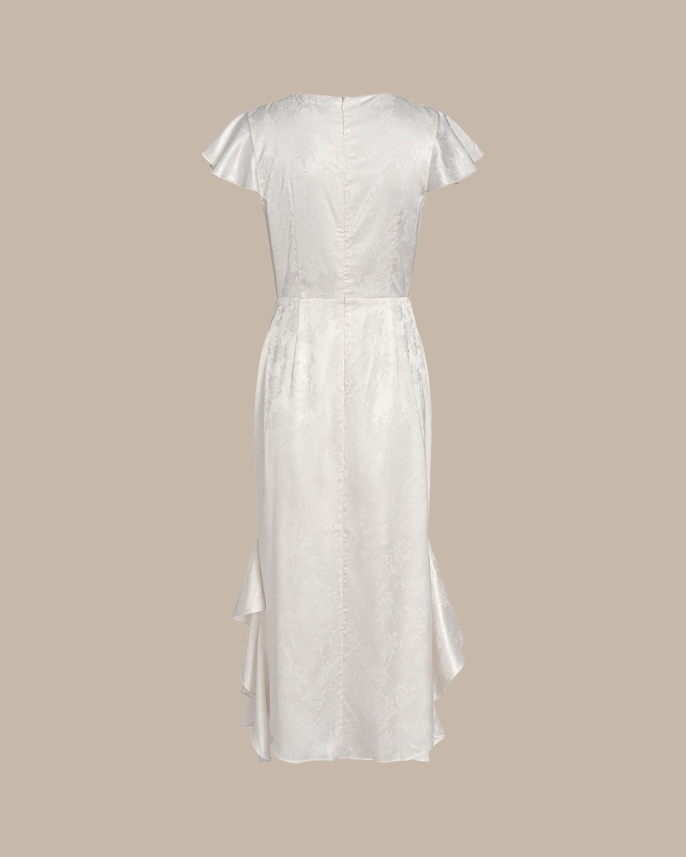 Beige Jacquard Ruffle Midi Dress with Boat Neck