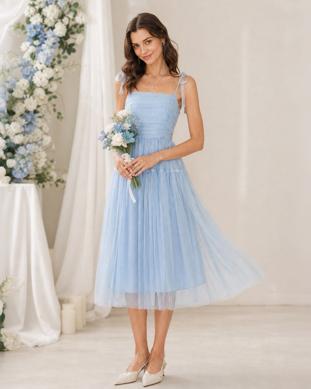 Blue Mesh Midi Dress with Square Neckline