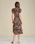 Floral Midi Dress with Puffed Sleeves in Black