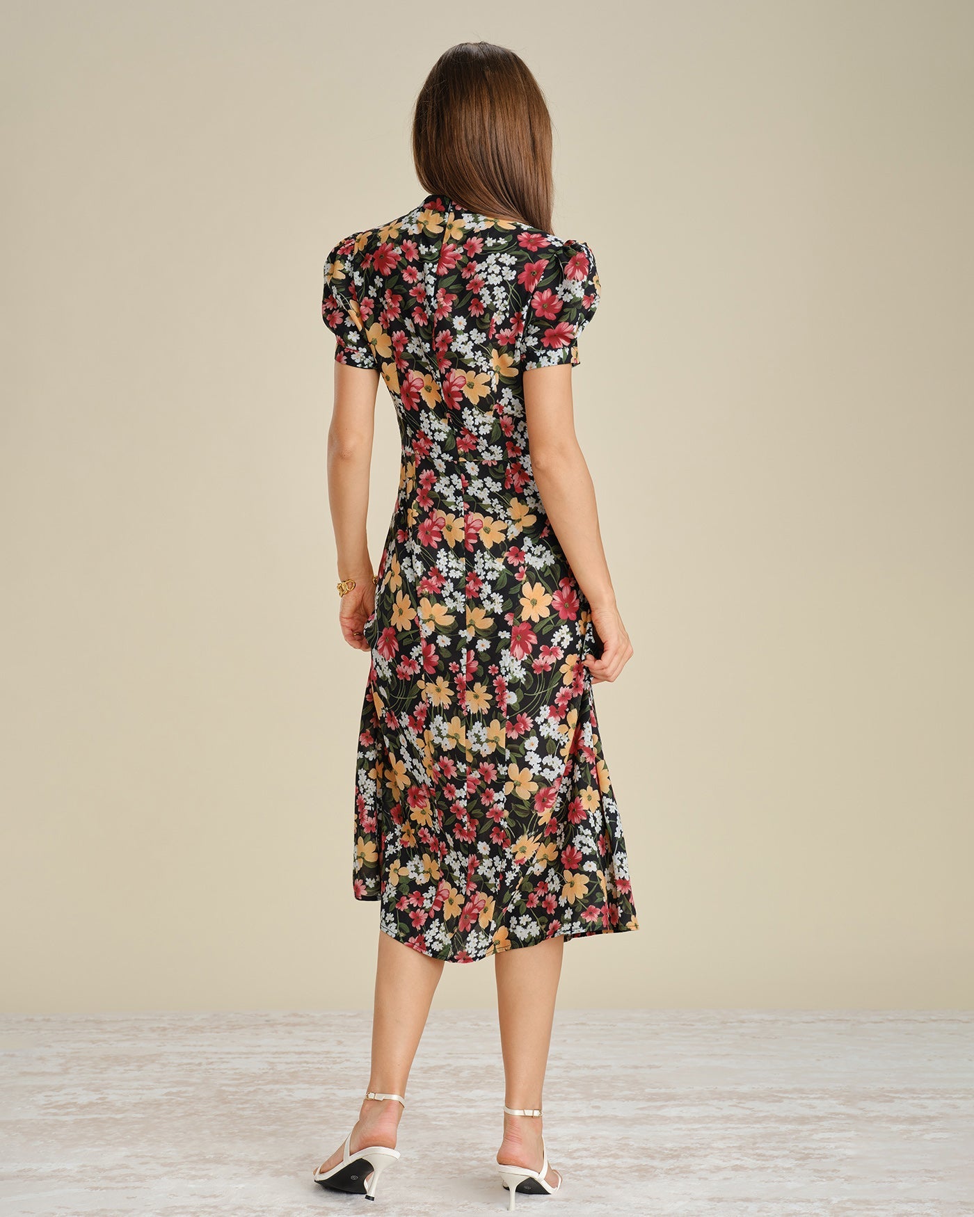 Floral Midi Dress with Puffed Sleeves in Black