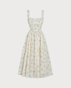 Yellow Floral Gathered Midi Dress