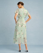 Floral Chiffon Midi Dress in Green with V-Neck