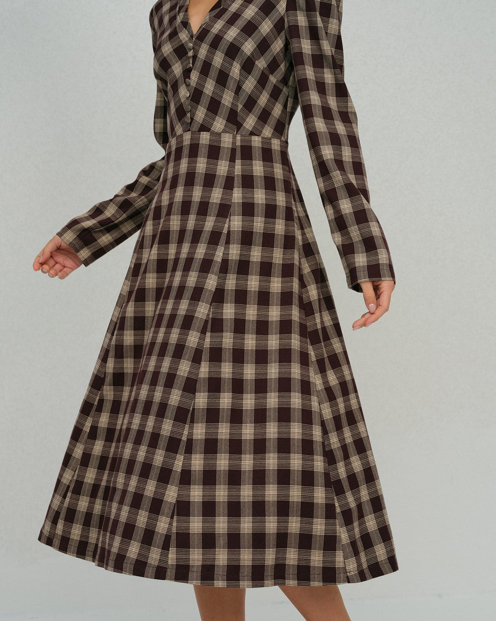 Brown Floral Print V-Neck Midi Dress