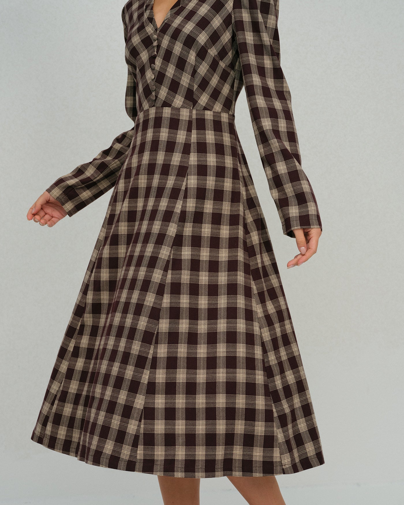 Brown Floral Print V-Neck Midi Dress