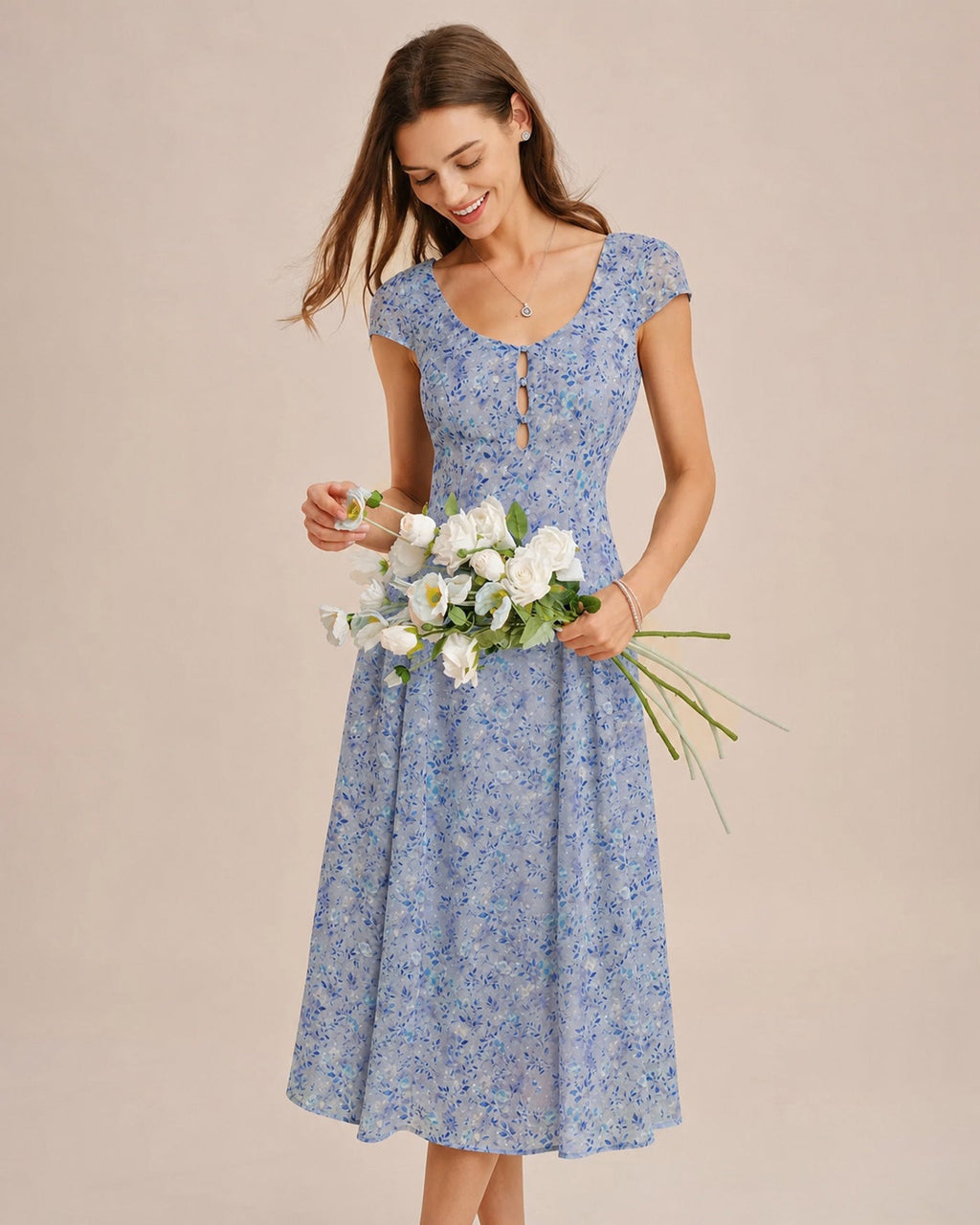 Floral Midi Dress with U Neck and Button Detail in Blue