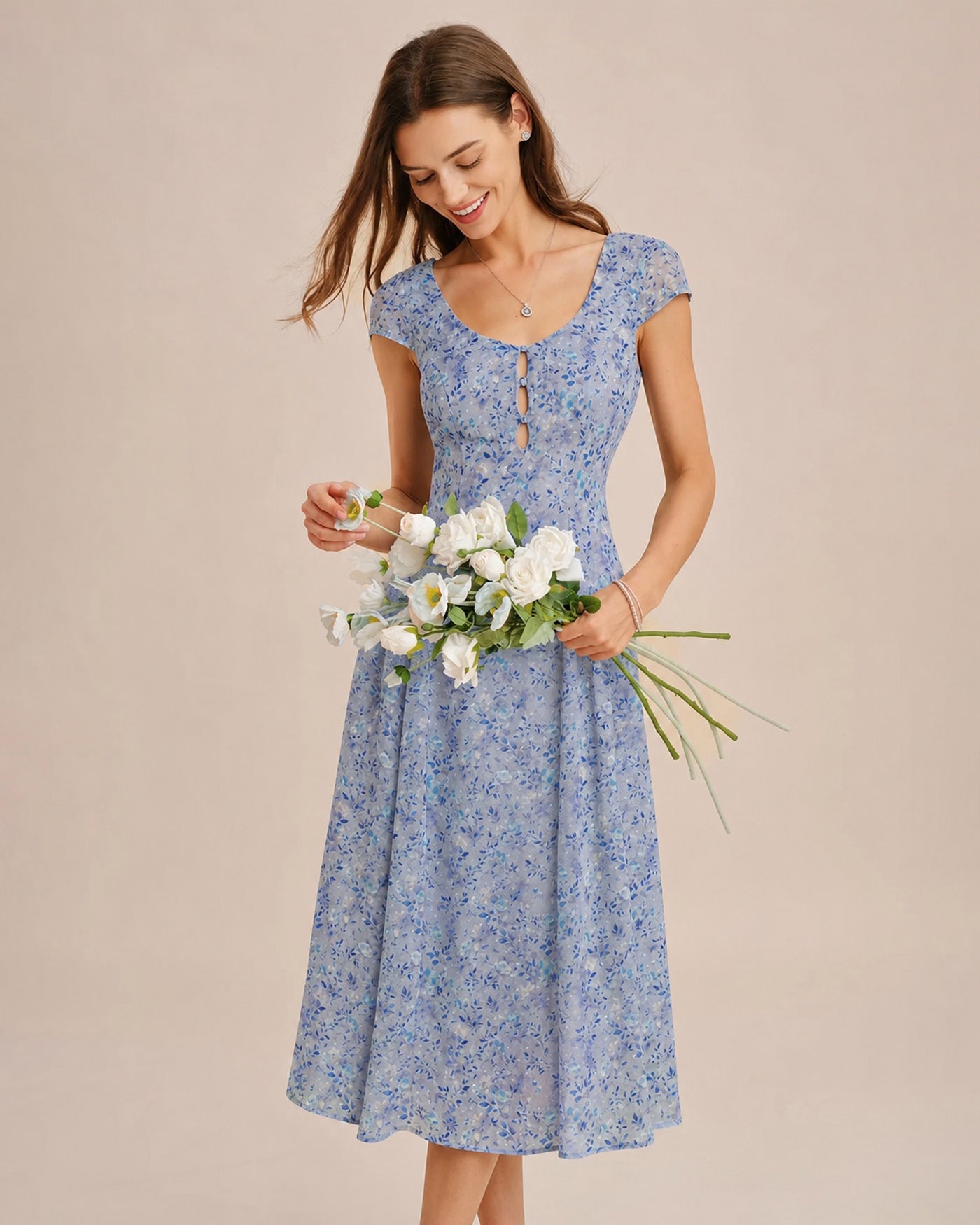 Floral Midi Dress with U Neck and Button Detail in Blue