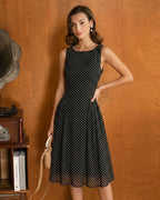 Chiffon Midi Dress with Black Polka Dots