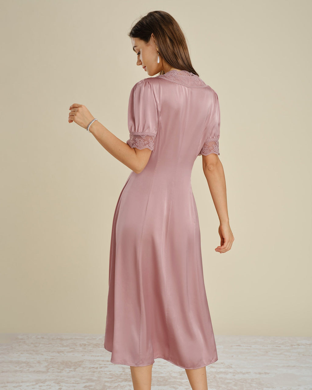 Pink Satin Midi Dress with Lace Accents