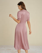 Pink Satin Midi Dress with Lace Accents