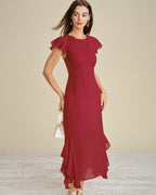 Red Ruffled Midi Dress with Boat Neck