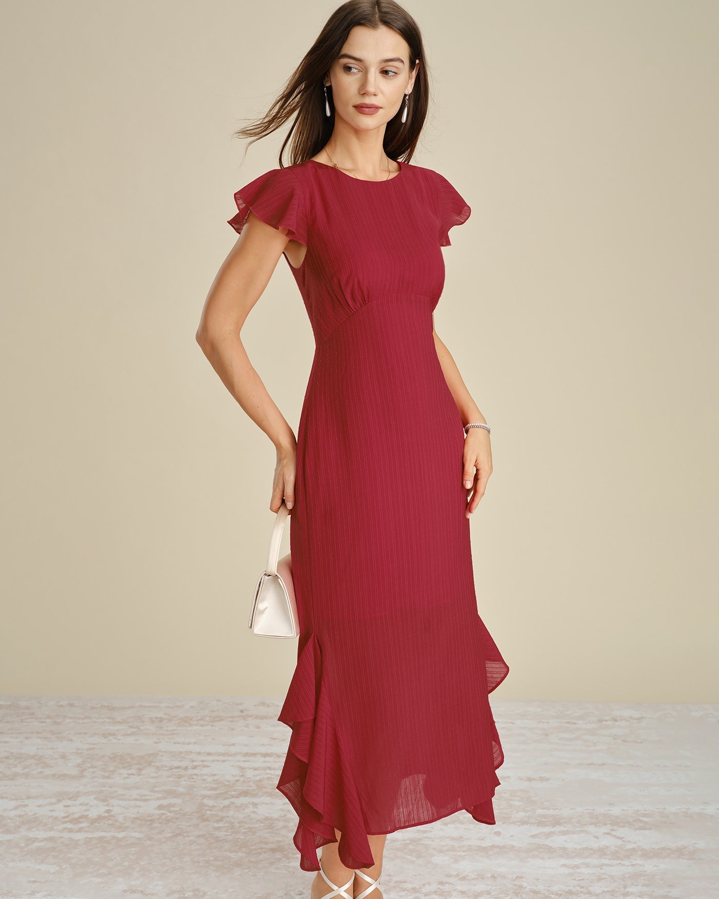 Red Ruffled Midi Dress with Boat Neck