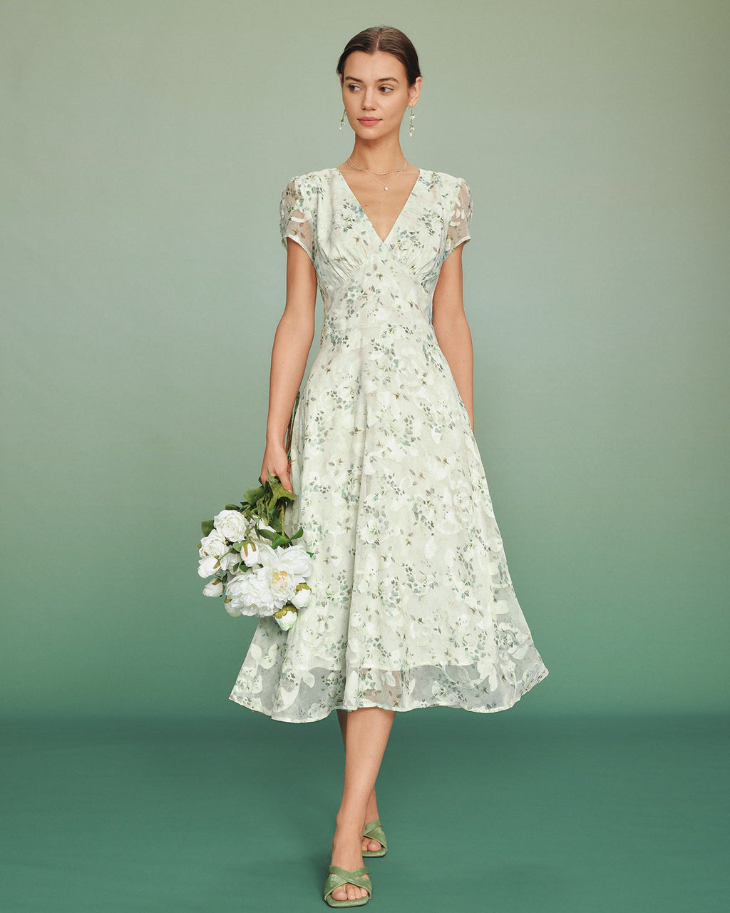 Floral Midi Dress with Green Puffed Sleeves
