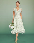 Floral Midi Dress with Green Puffed Sleeves