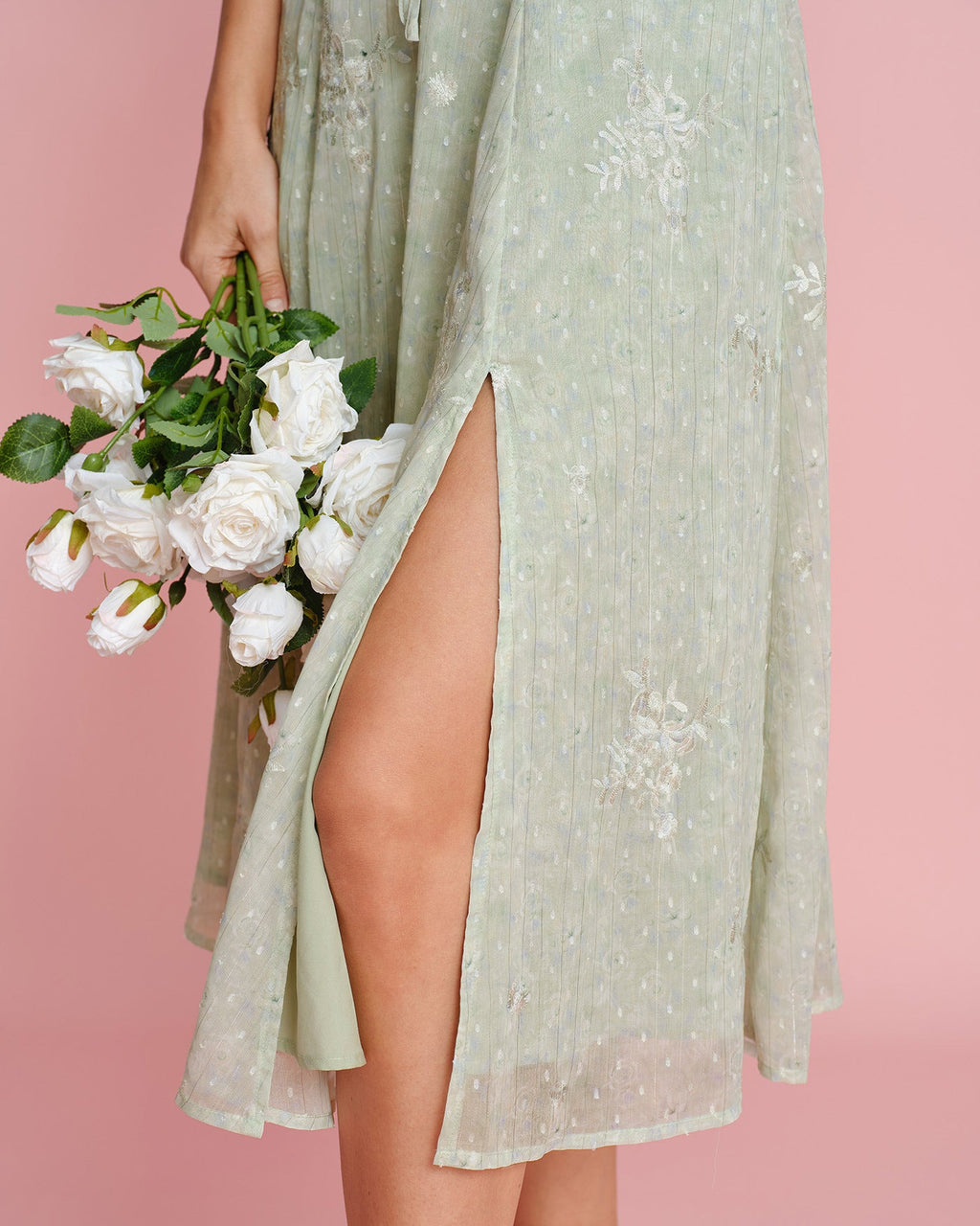 Green Jacquard A-Line Midi Dress with Slip Design