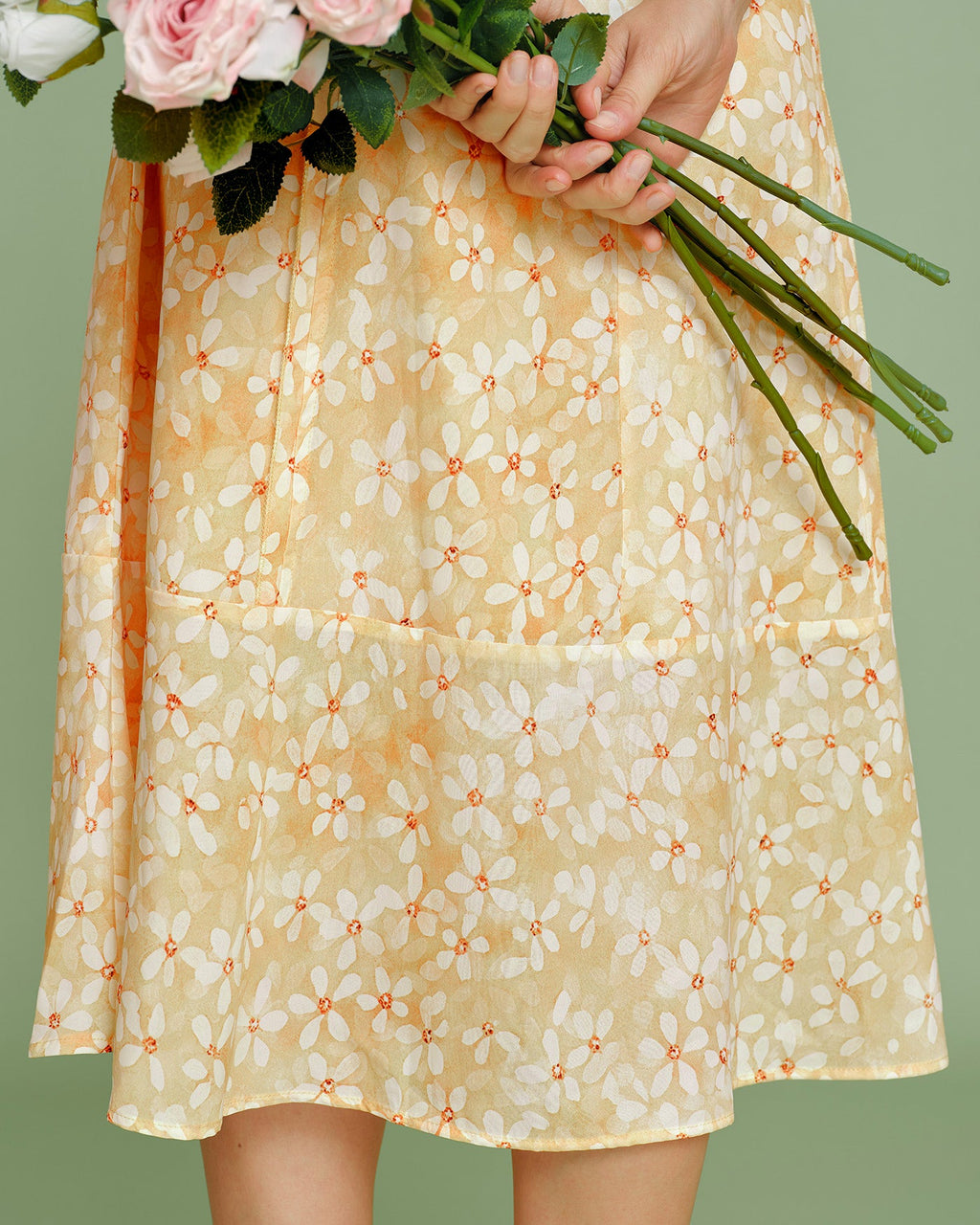 Floral Midi Dress with Yellow Cap Sleeves