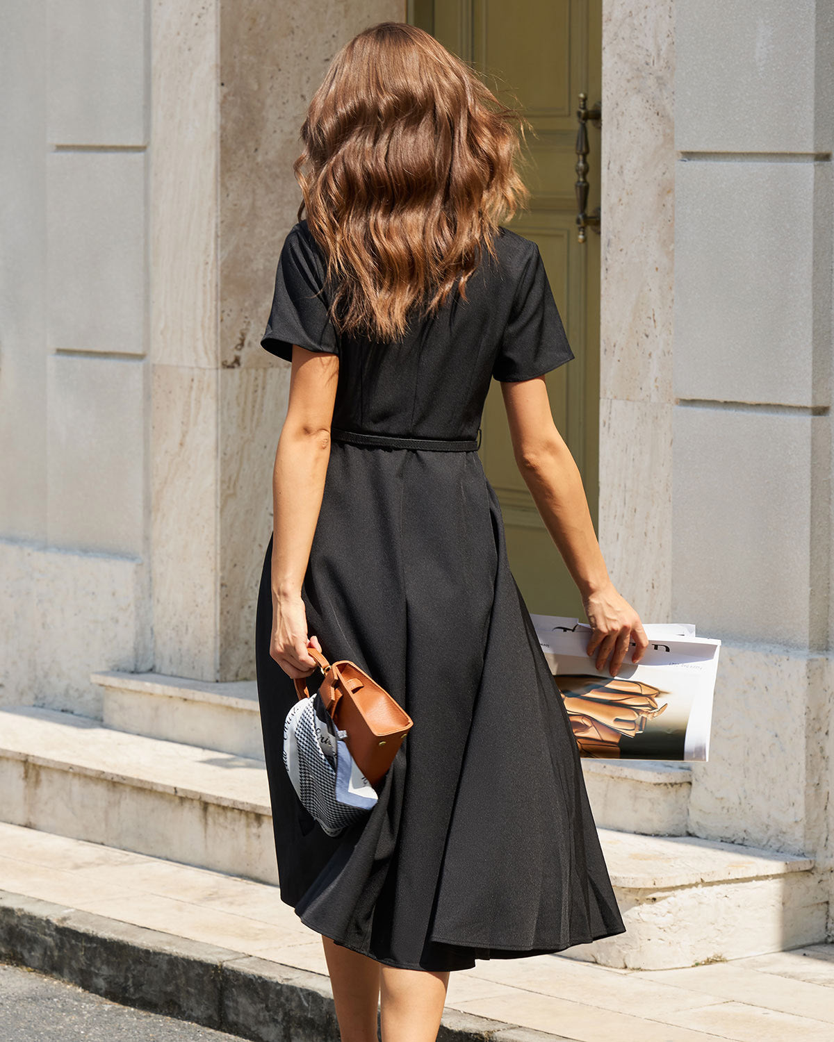 Black Midi Dress with A-Line Silhouette and Belt