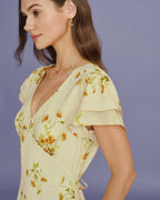 Floral Mermaid Midi Dress in Yellow with V-Neck