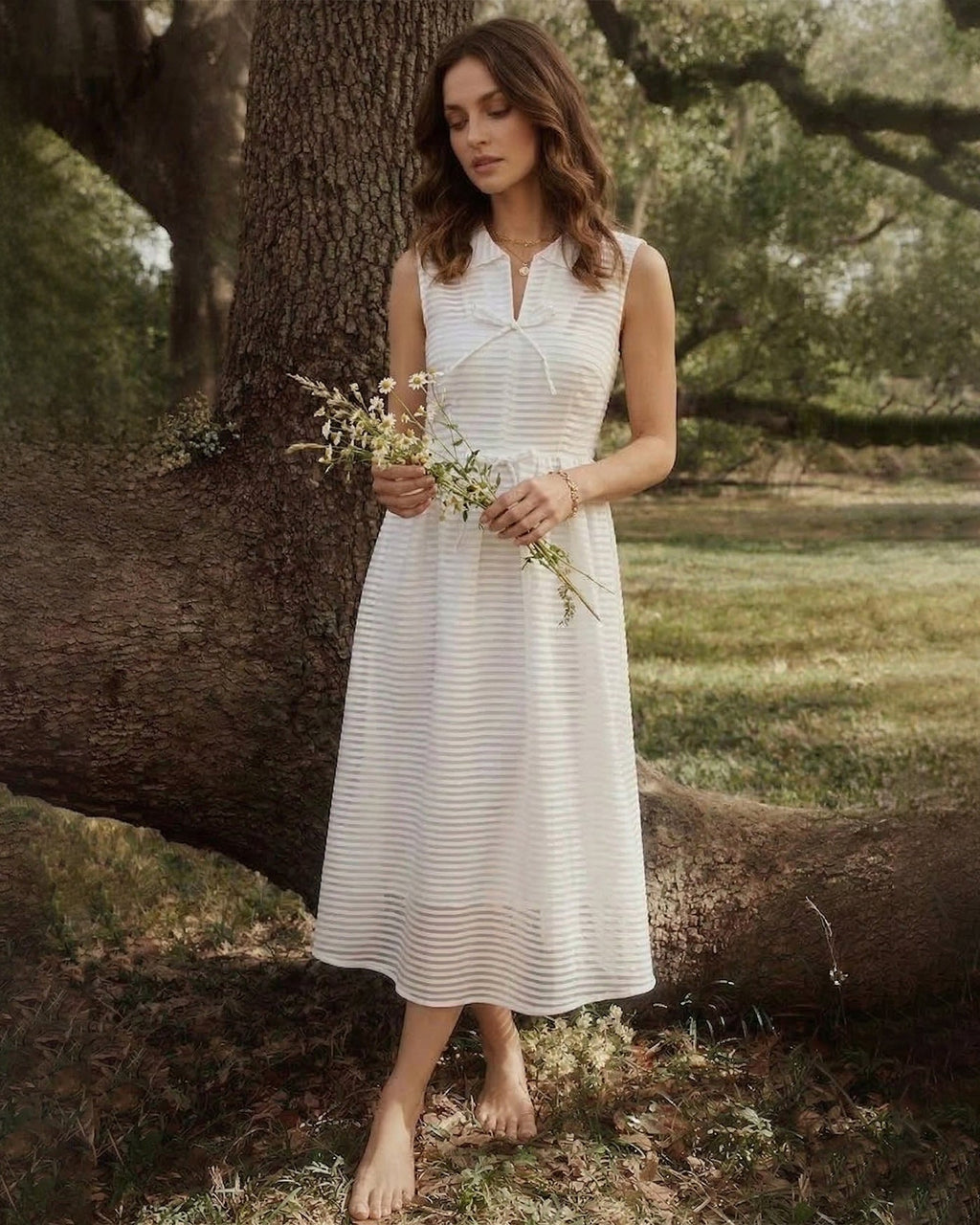 Striped White Sleeveless Midi Dress