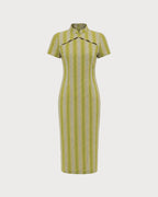 Green Mandarin Collar Midi Dress with Tunic Style