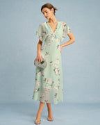 Floral Chiffon Midi Dress in Green with V-Neck