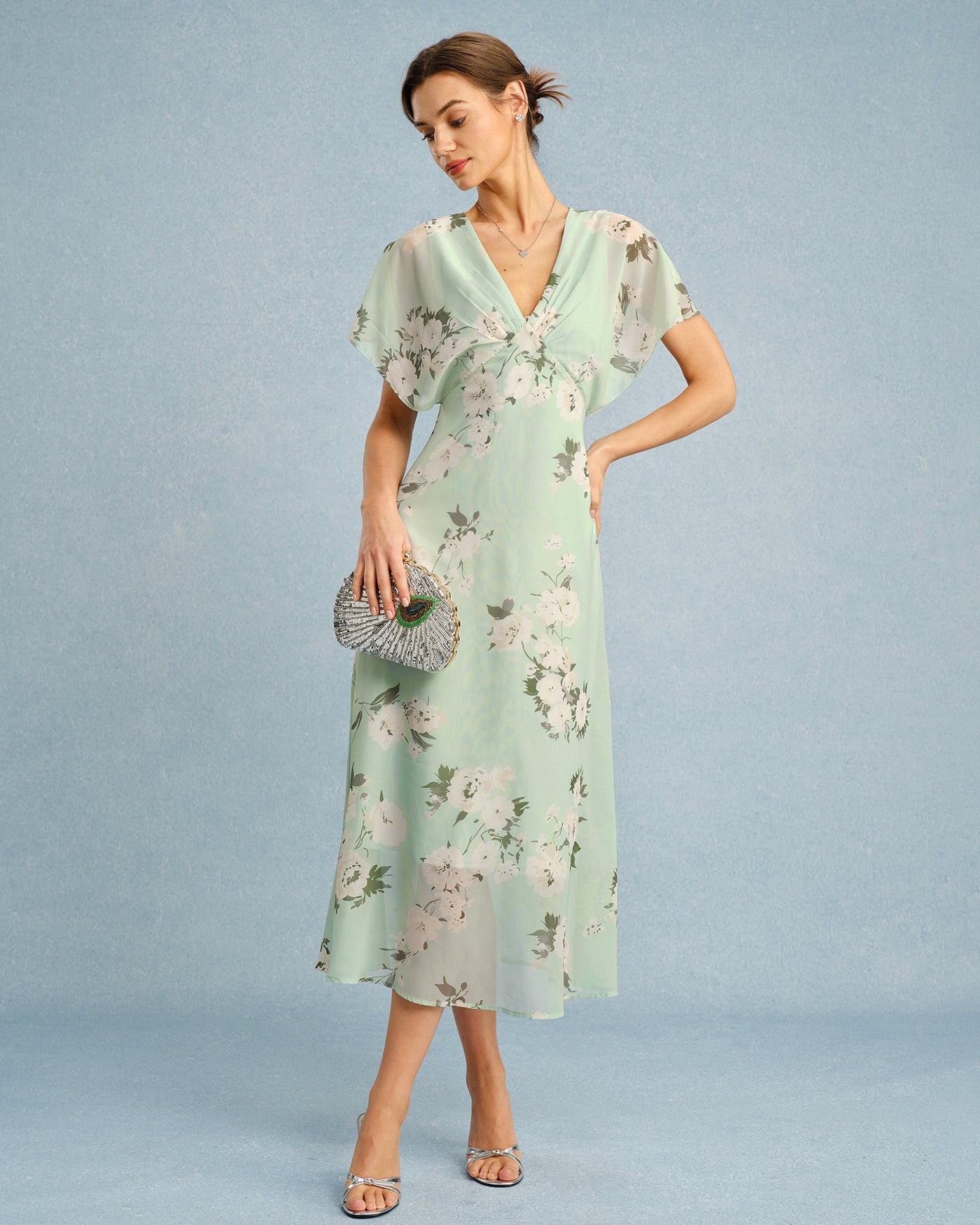 Floral Chiffon Midi Dress in Green with V-Neck