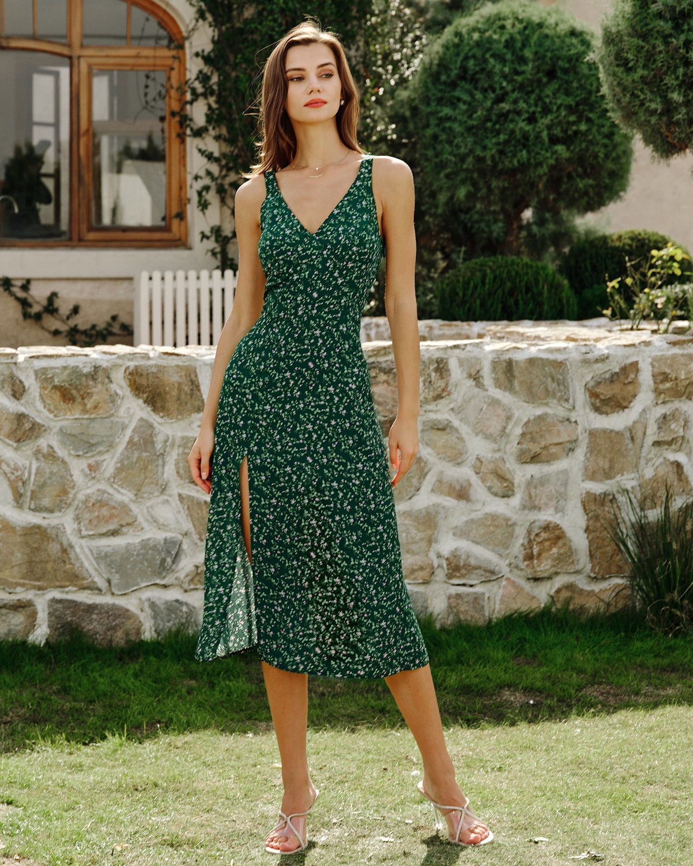 Floral Midi Dress with V-Neck in Green