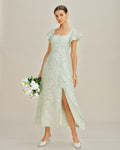 Floral Textured Midi Dress with Green Square Neck