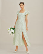 Floral Textured Midi Dress with Green Square Neck