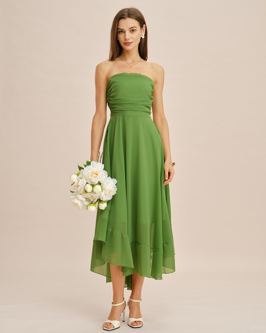 Flowy Green Strapless Midi Dress