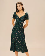 Floral Midi Dress with Green Puffed Sleeves