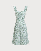 Floral Green Ruched Midi Dress with Square Neck