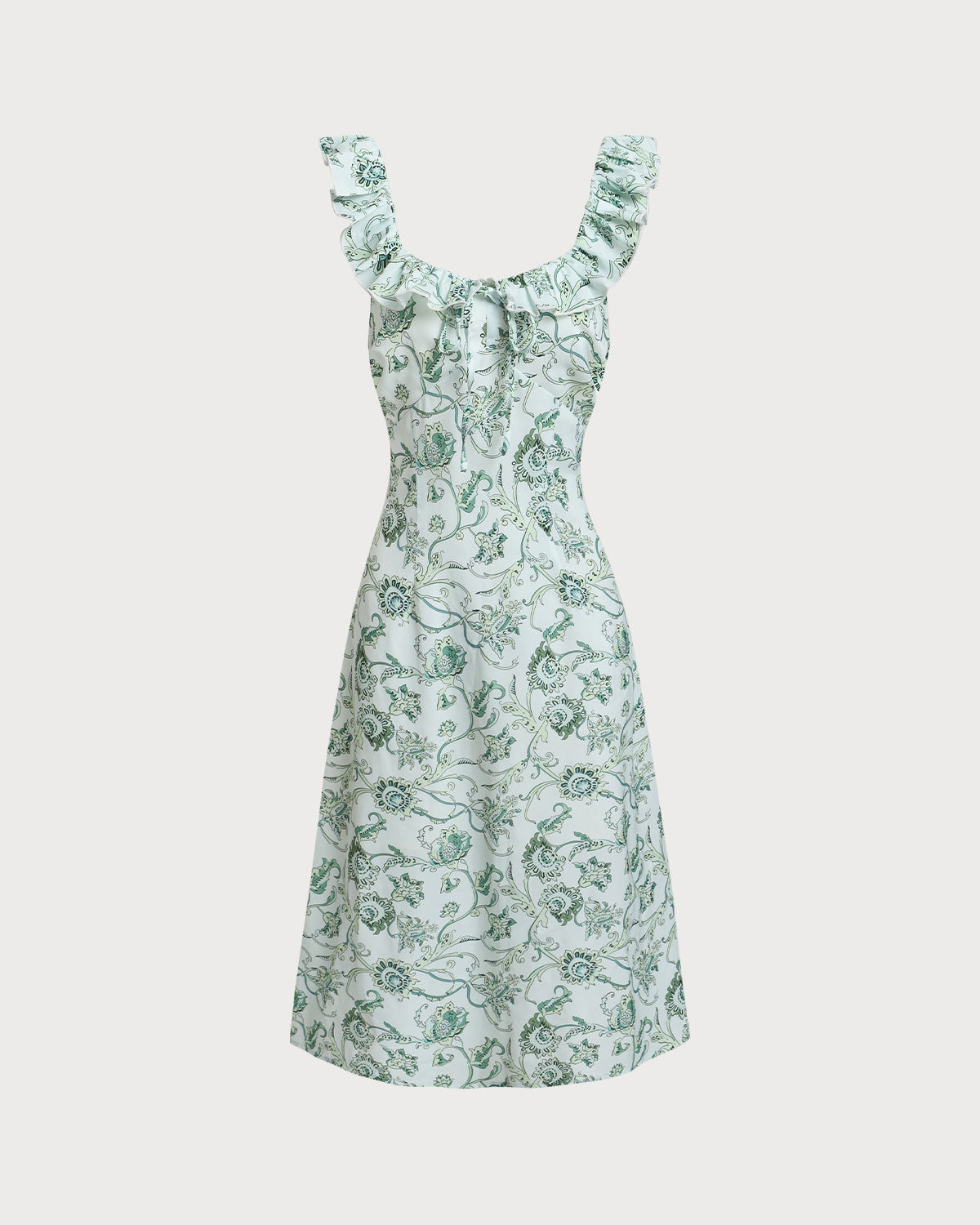 Floral Green Ruched Midi Dress with Square Neck