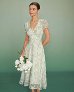 Floral Midi Dress with Green Puffed Sleeves