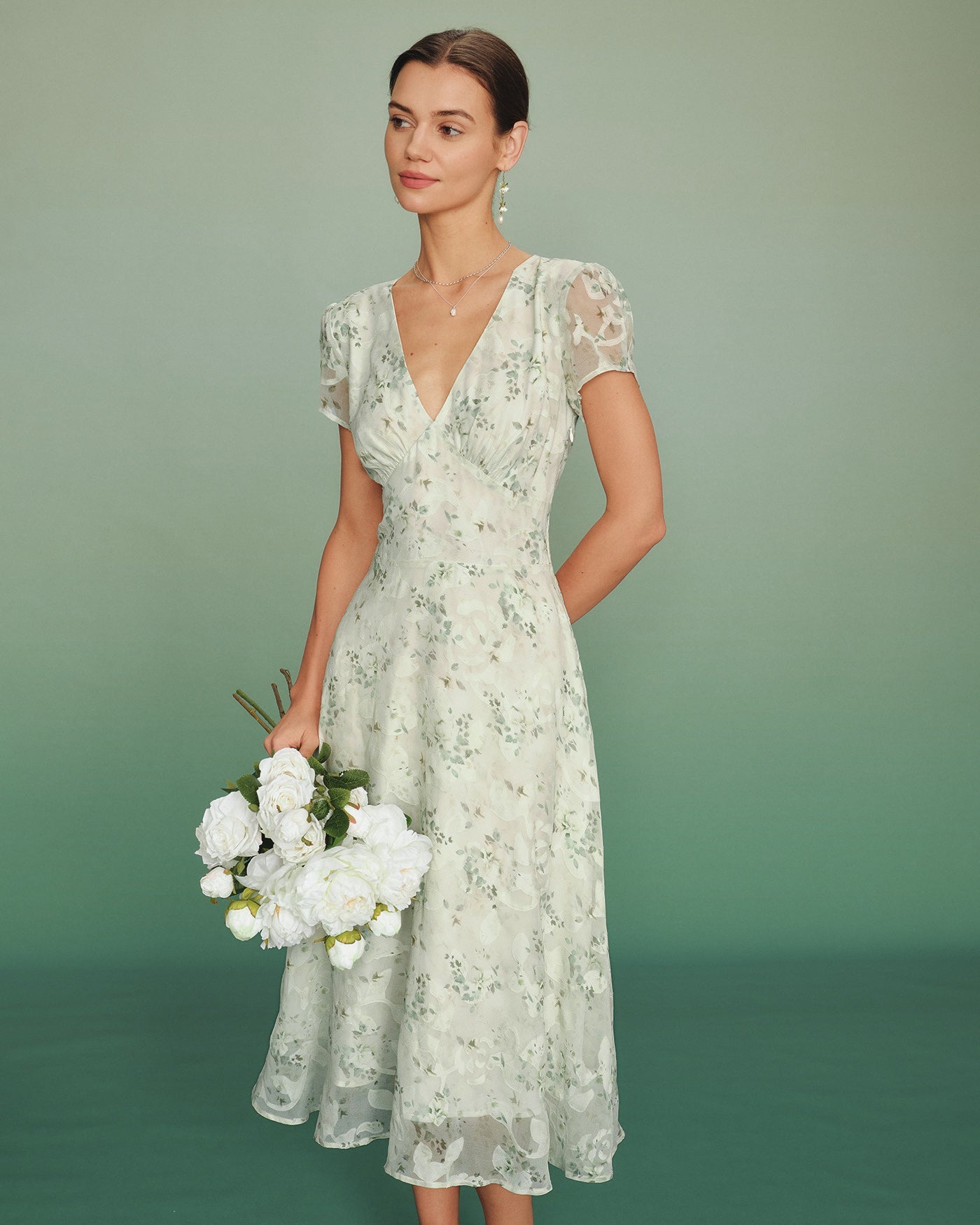 Floral Midi Dress with Green Puffed Sleeves