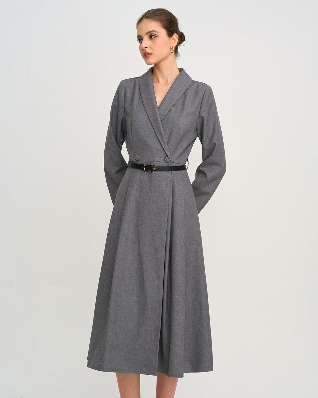 Charcoal A-Line Midi Dress with Button Detail