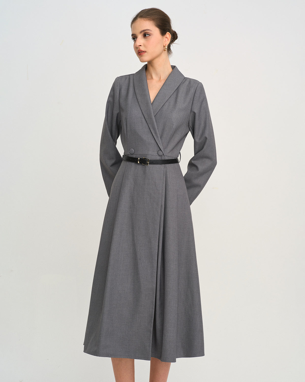 Charcoal A-Line Midi Dress with Button Detail