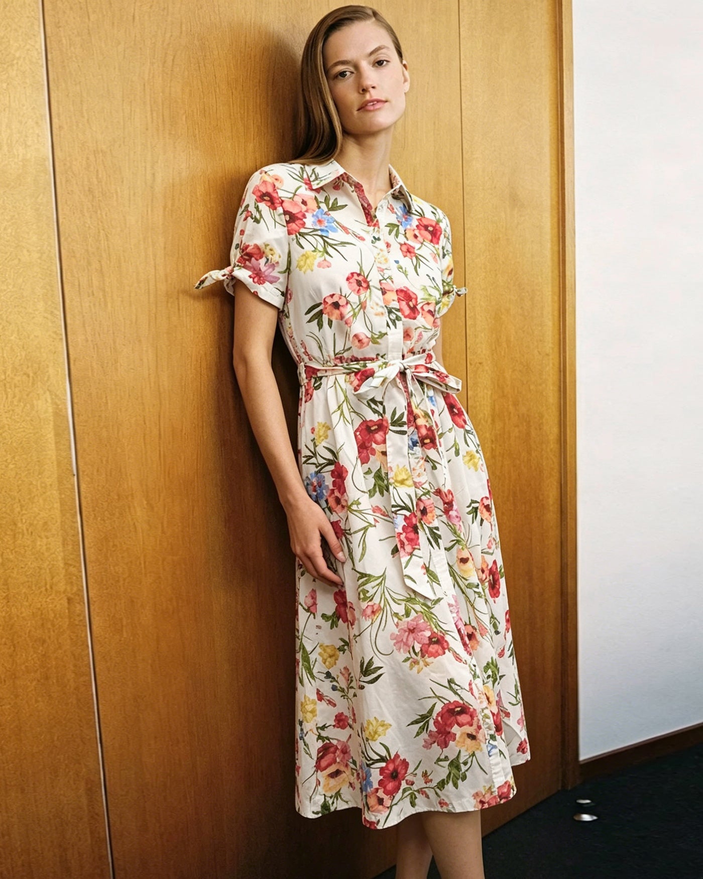 Floral Print Midi Dress with Collar Tie