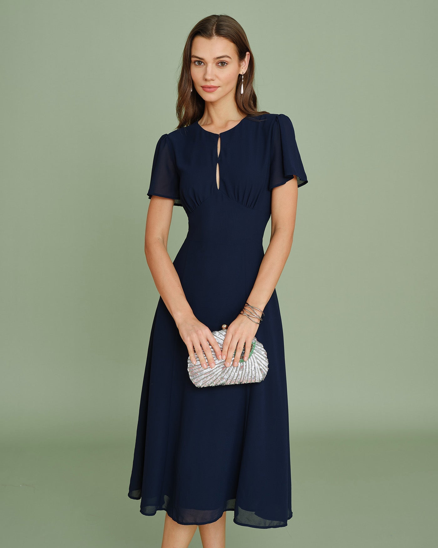 Navy Chiffon Midi Dress with Cut-Out Details