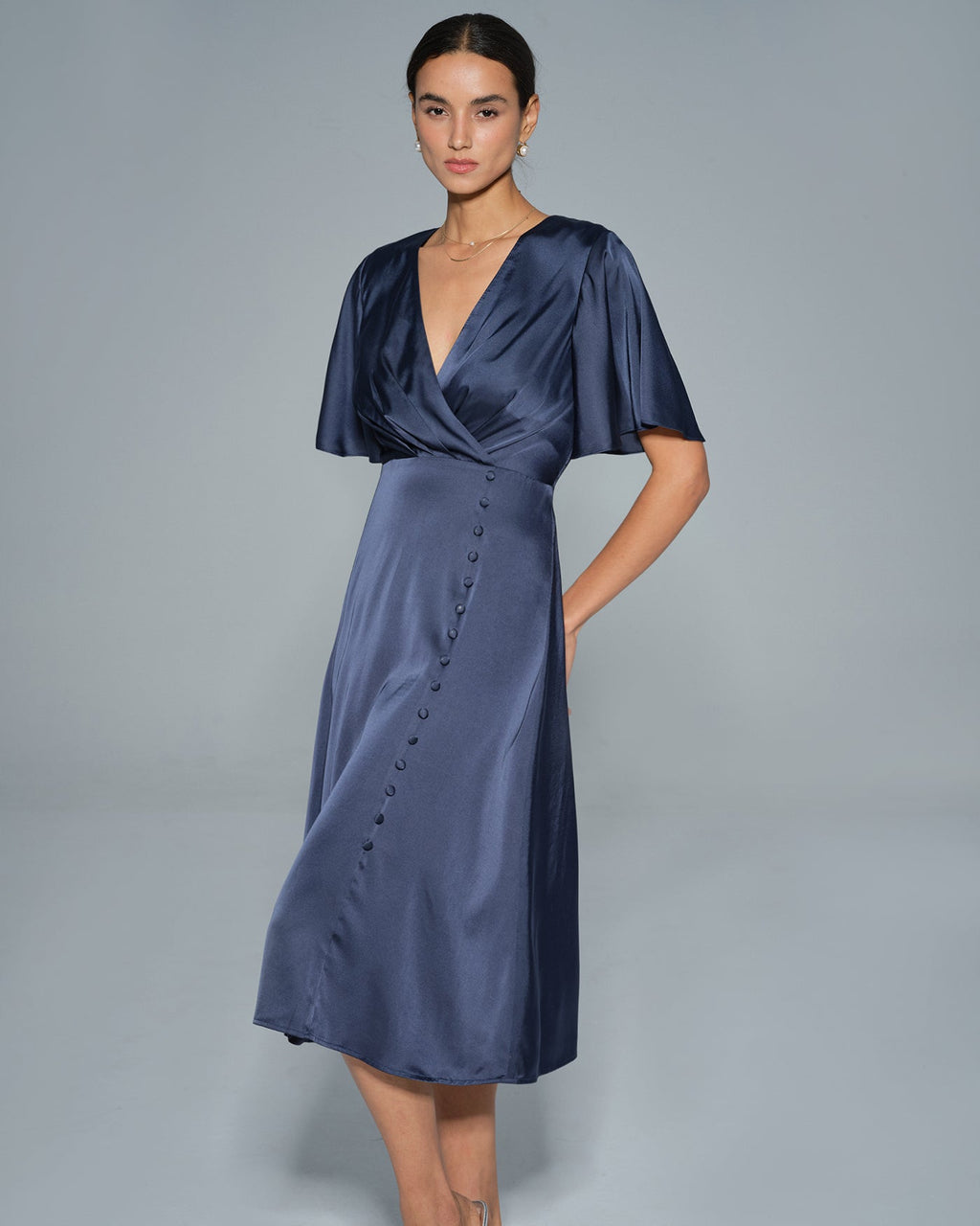 Navy Satin Midi Dress with V-Neck