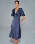 Navy Satin Midi Dress with V-Neck