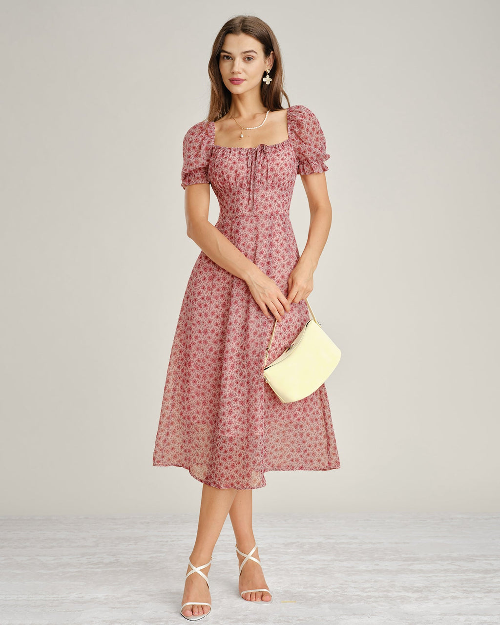 Floral Chiffon Midi Dress with Pink Square Neck