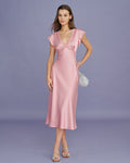 Pink Satin Midi Dress with V-Neck Lace Detail