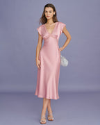 Pink Satin Midi Dress with V-Neck Lace Detail